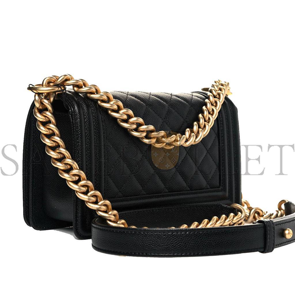 CHANEL MASTER SMALL BLACK CAVIAR LE BOY FLAP BAG WITH GOLD CHAIN A67085 (20.5*12*8.5cm)